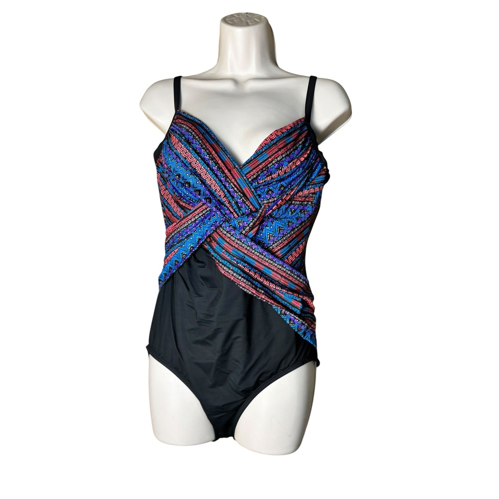 Dreamsuit One Piece Swimsuit Womens 10 Black Blue Pink EUC Tribal Wrap Slim